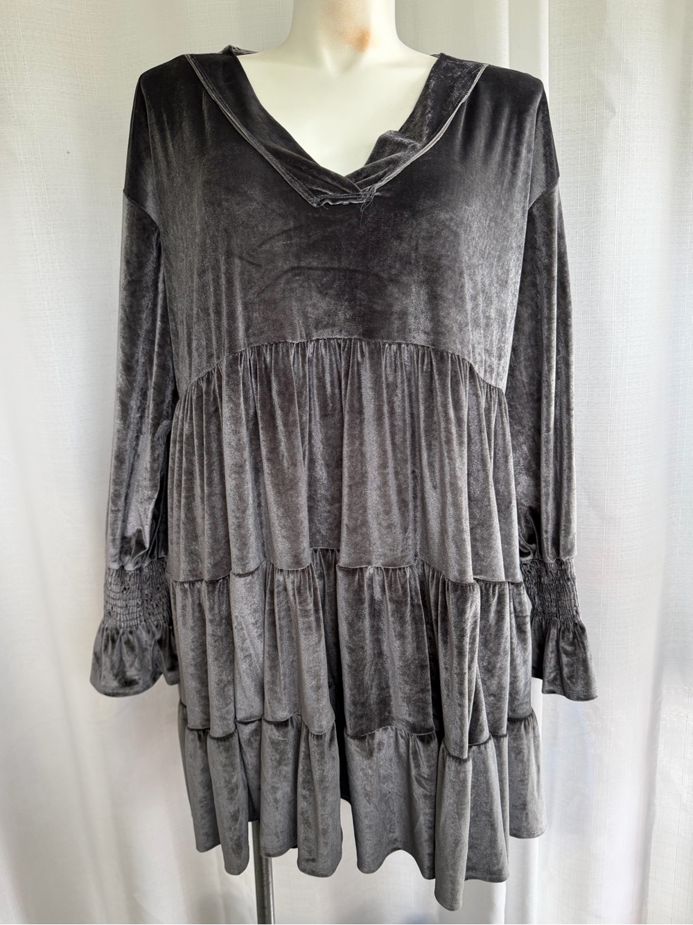 Three Bird Nest Gray Velvet Tiered Mini Dress XL Bell Sleeve Boho Romantic